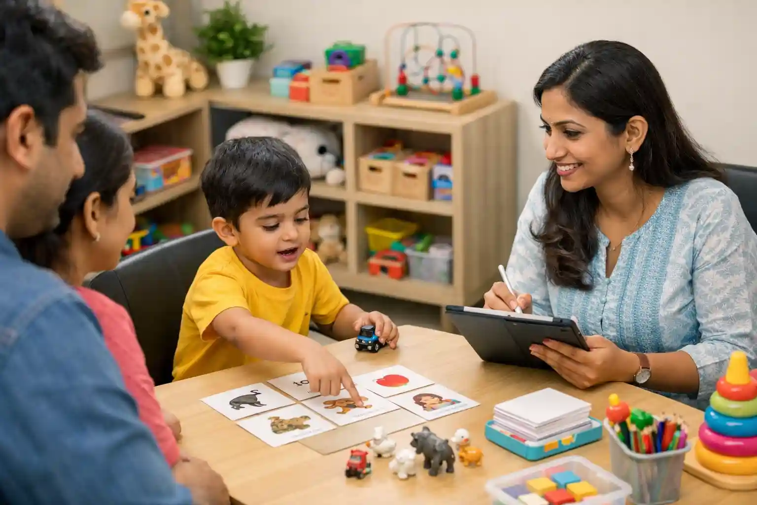 Initial speech therapy consultation for a child in a Bangalore clinic