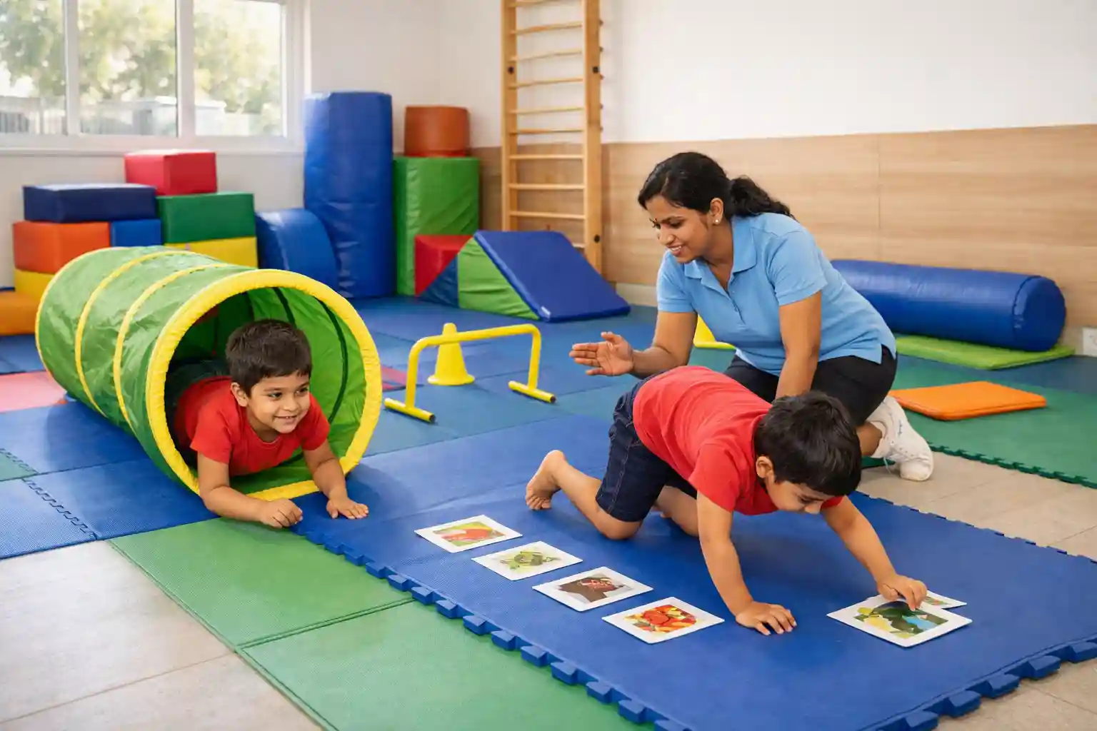 Gross motor occupational therapy in Bangalore clinic with obstacle course and crawling patterns