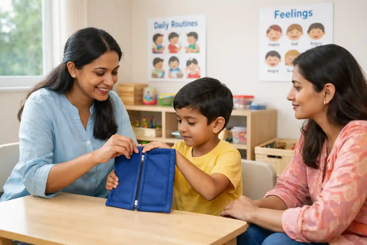 Pediatric occupational therapist helping a child improve fine motor skills in a Bangalore clinic