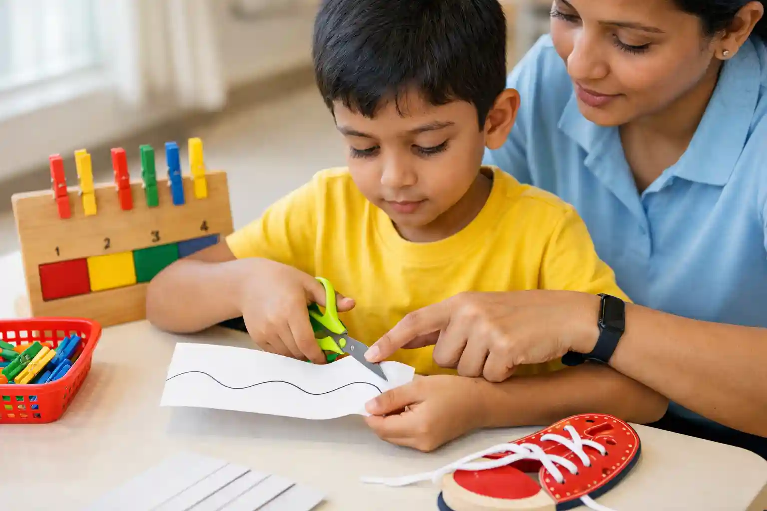 Pediatric occupational therapy in Bangalore clinic helping a child practice daily living skills