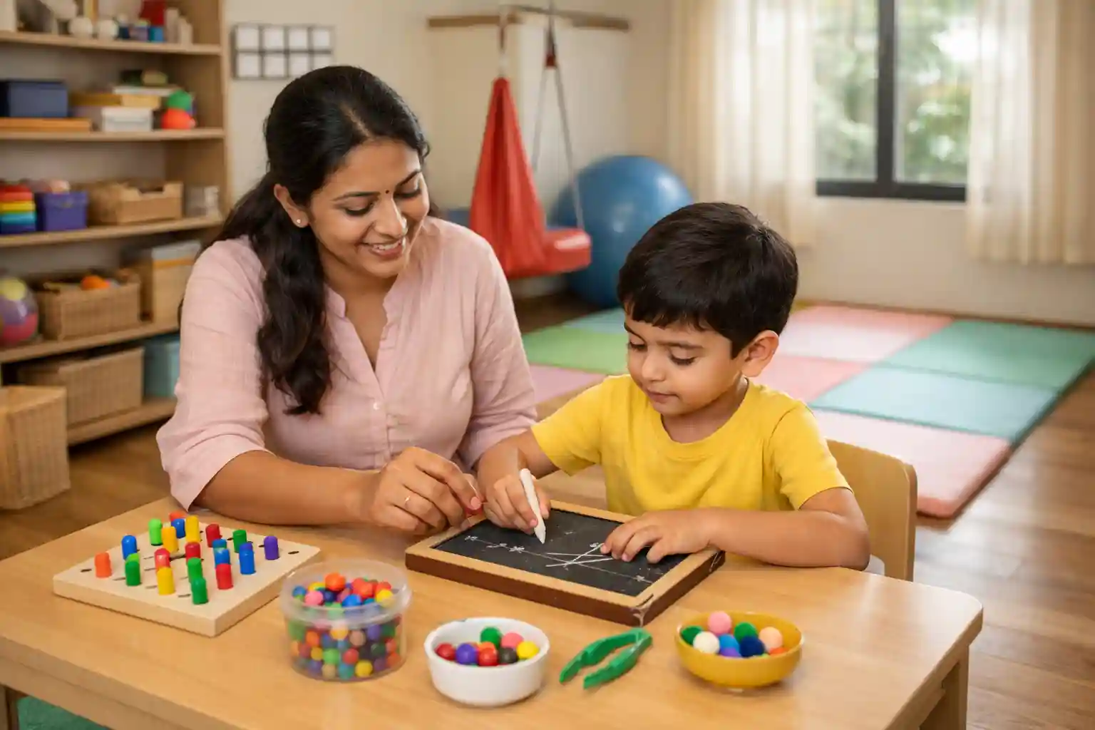 Occupational therapy for children in Sahakar Nagar, Bangalore with parent observing the session