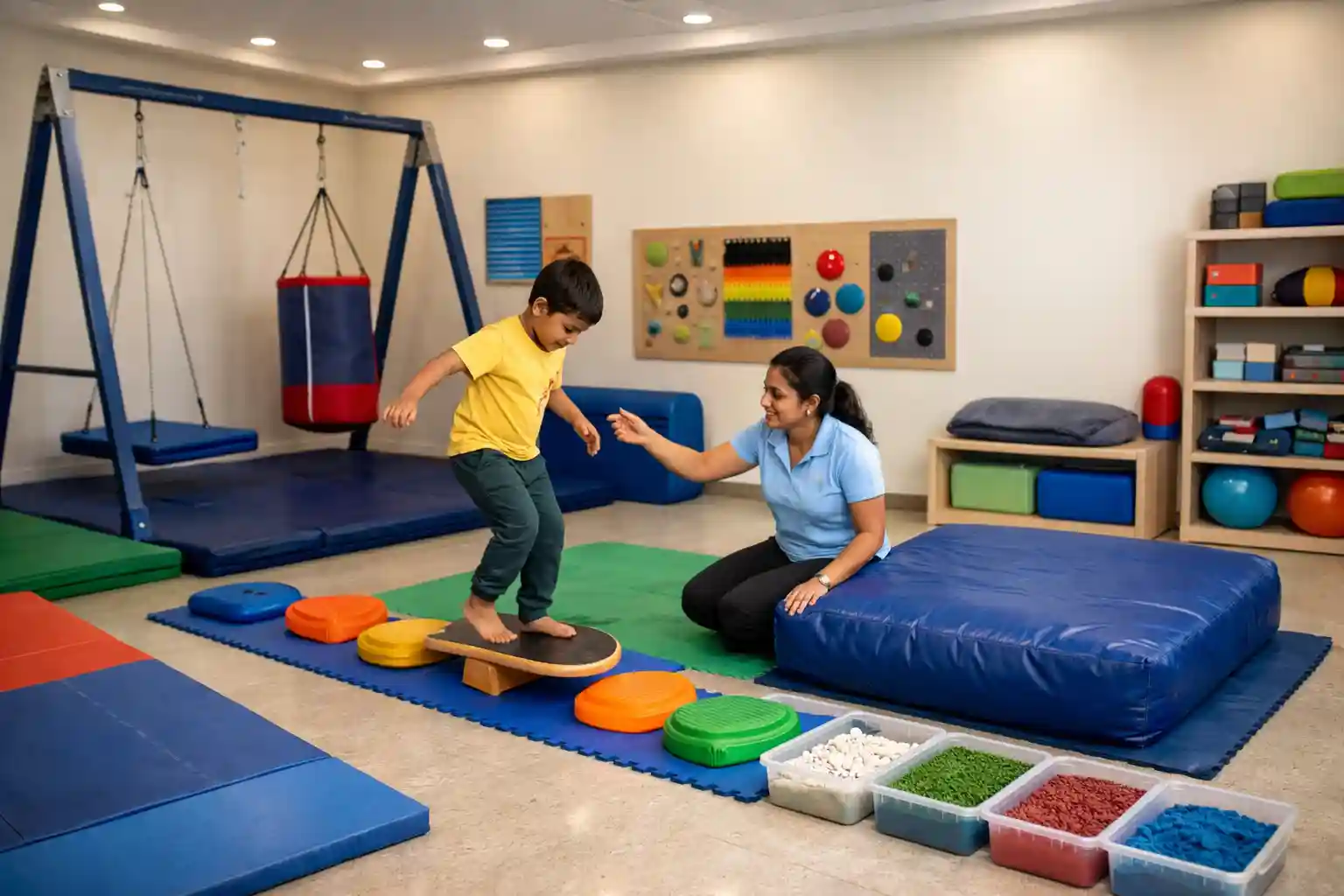 Sensory integration occupational therapy session for a child in a Bangalore clinic