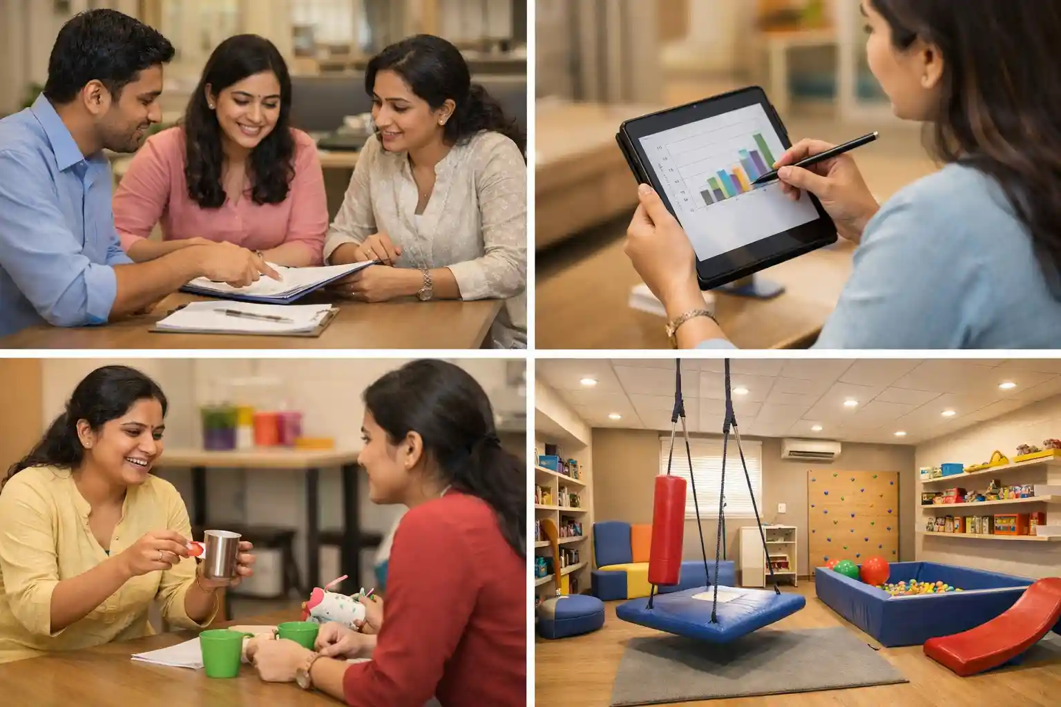 Collage showing speech therapy approach in a Bangalore clinic with multidisciplinary team and parent coaching